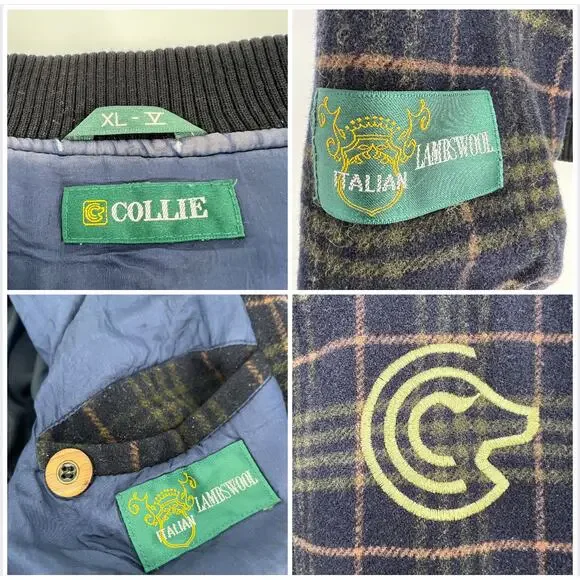 Vintage Collie Italian Lambs Wool Varsity Bomber Jacket Mens XL Navy Blue Plaid - Picture 8 of 11